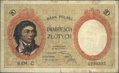 20 złotych 15.07.1924 II Emisja C, Miłczak 59, Lucow 612 (R7), banknot bez konserwacji z naturalną fakturą papieru, bardzo rzadki