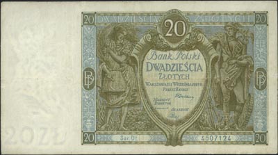 20 złotych 1.09.1929, seria DE, Miłczak 69, Lucow 651 (R7) ale nie notuje tej serii, banknot po konserwacji, rzadki