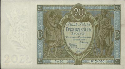 20 złotych 1.09.1929, seria DS, Miłczak 69, Lucow 651 (R7) ale nie notuje tej serii, banknot wyjątkowego stanu zachowania z naturalną fakturą i świeżością papieru, bardzo rzadki