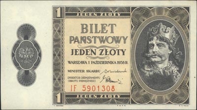 1 złoty 1.10.1938, seria IF, Miłczak 78b, Lucow 719 (R3), piękne