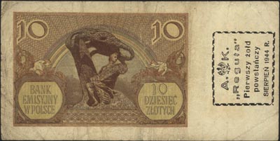 10 złotych 1.03.1940 r., z pieczecią \A.K. Reguł
