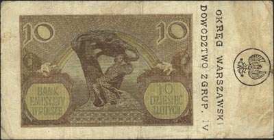 10 złotych 1.03.1940, z nadrukiem \Okręg Warszawski Dowództwo Zgrup. IV, Miłczak 94
