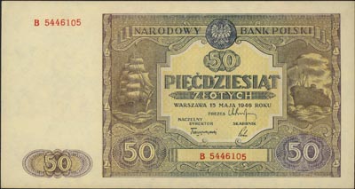 50 złotych 15.05.1946, seria B, Miłczak 128a, lewy górny róg lekko zagięty