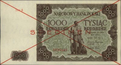 1.000 złotych 15.07.1947, SPECIMEN, seria A 1234567, Miłczak 133a, banknot bez zagięć, ale pofalowane brzegi