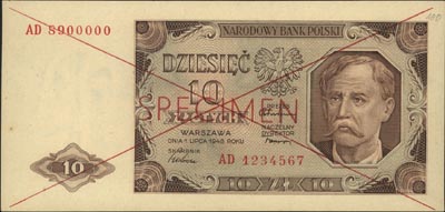 10 złotych 1.07.1948, SPECIMEN, seria AD 1234567
