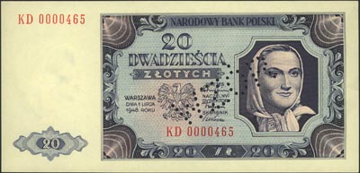 20 złotych 1.07.1948, seria KD 0000465, perforow