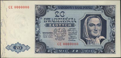 20 złotych 1.07.1948, seria CE 0000000, WZÓR, Miłczak 137c, próbny druk na białym papierze z zabezpieczającymi niebieskimi nitkami, bardzo rzadki