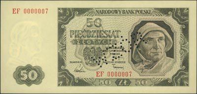 50 złotych 1.07.1948, seria EF 0000007, Miłczak 138h, perforowany napis, piękne, wzór \Jaroszewicza\"*,"I,1