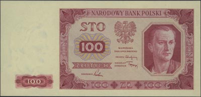 100 złotych 1.07.1948, bez oznaczenia serii i numeracji, próba druku w kolorze czerwonym, Miłczak 139, banknot w opakowaniu PMG-Gem Unc 66