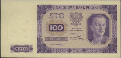 100 złotych 1.07.1948, bez oznaczenia serii i numeracji, próba druku w kolorze liliowym, Miłczak 139, banknot w opakowaniu PMG-Gem Unc 66
