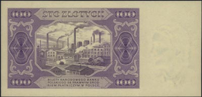 100 złotych 1.07.1948, bez oznaczenia serii i numeracji, próba druku w kolorze liliowym, Miłczak 139, banknot w opakowaniu PMG-Gem Unc 66
