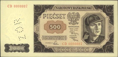 500 złotych 1.07.1948, seria CD 0000007, perforowany napis WZÓR, Miłczak 140d, piękne, wzór \Jaroszewicza\"*,"I,1