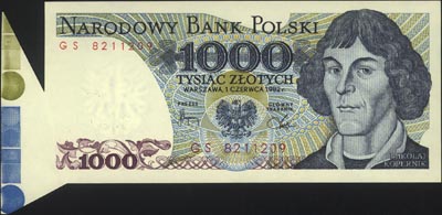 1.000 złotych 1.06.1982, seria GS, Miłczak 162, błąd drukarni - źle przycięty papier