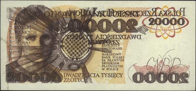 20.000 złotych 1.02.1989, seria AL, Miłczak 175b, błąd druku - na stronie odwrotnej dodatkowo odbicie lustrzane strony głównej