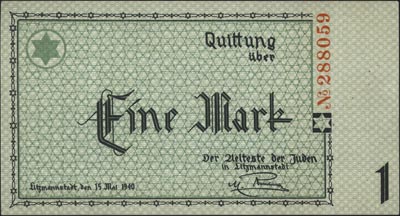 1 marka 15.05.1940, bez oznaczenia serii, numeracja 6-cio cyfrowa, Miłczak Ł2a, rzadki banknot
