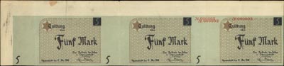 5 marek 15.05.1940, trzy nierozcięte banknoty z numeracją 0000002, Miłczak Ł4b, próba druku, ogromna rzadkość, dotychczas nieznane