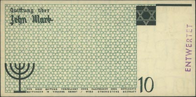 10 marek 15.05.1940, Wzór kasowy z pieczęcią ENTWERTET, No 000182, Miłczak Ł5d, druk koloru zielonego, papier ze znakiem wodnym, na lewym górnym rogu ślad po spinaczu, ogromna rzadkość