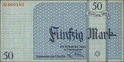 50 marek 15.05.1940, Wzór kasowy z pieczęcią ENTWERTET, No 000182, Miłczak Ł7b, papier ze znakiem wodnym, na lewym górnym rogu ślad po spinaczu, ogromna rzadkość