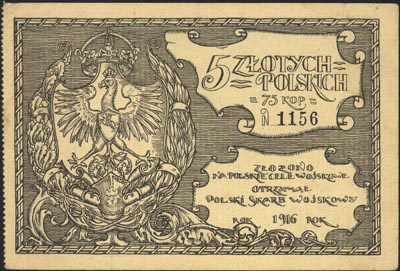 Polski Skarb Wojskowy, 5 złotych polskich = 75 kopiejek 1916 wydane na Polskie Cele Wojskowe, Lucow 493 (R2), ładnie zachowane