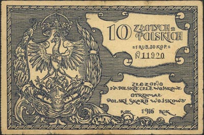 Polski Skarb wojskowy, 10 złotych polskich = 1 rubel 50 kopiejek 1916, wydane na Polskie Cele Wojskowe, Lucow 494 (R3)