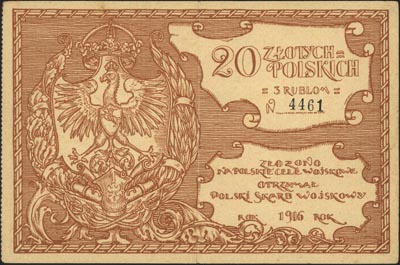 Polski Skarb Wojskowy, 20 złotych polskich = 3 ruble 1916, wydane na Polskie Cele Wojskowe, Lucow 495 (R4)
