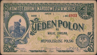 Komitet Obrony Narodowej w Ameryce - 1 polon = 25 centów 1914, Lucow 541 (R6), bardzo rzadki, nie gięty, zaokrąglone rogi, ale ładnie zachowany
