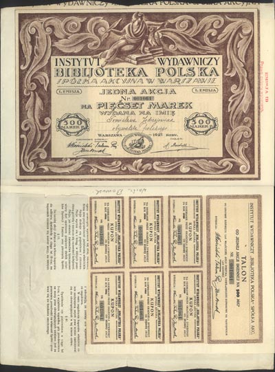 Instytut Wydawniczy- Bibliteka Polska, akcja na 500 marek polskich z 1921 roku, I emisja, projektu Wacława Borowskiego, sześć niewyciętych kuponów