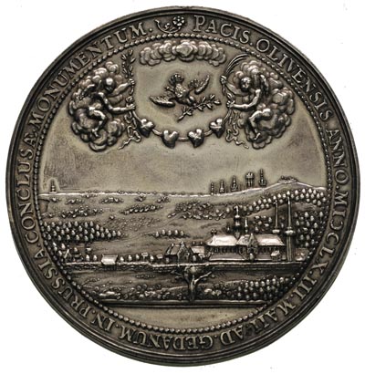 medal autorstwa J. Höhna sen. na Pokój w Oliwie 1660 r, Aw: Klasztor Oliwski na tle rozległej panoramy, powyżej dwa anioły w obłokach trzymają cztery połączone serca i gołąbek z gałązką oliwną, w otoku napis PACIS. OLIVENSIS.ANNO.MI   CLX.III.MAII.AD.GEDANUM.IN.PRUSSIA.CONCLUSAE. MONUMENTUM, Rw: Pod drzewem oliwnym klęcząca osoba, w tle widok Gdańska jego okolic oraz morza i statków,  w otoku napis PECTORA QUO REGNUM COEUNT QUO VULNERA SECLI, EN FELIX OLEUM PACIS OLIVA DEDIT., Racz. 147, H-Cz. 2149 R3, srebro 74 mm, 98.71 g, efektowny i rzadki medal  autorstwa wyśmienitego medaliera