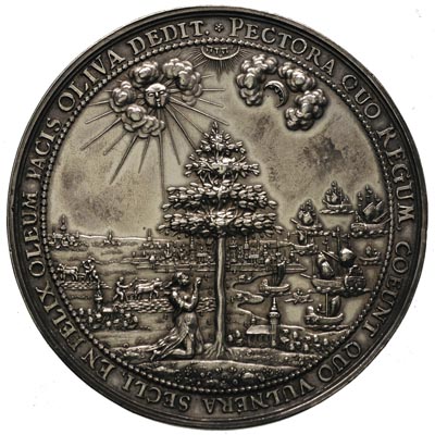 medal autorstwa J. Höhna sen. na Pokój w Oliwie 1660 r, Aw: Klasztor Oliwski na tle rozległej panoramy, powyżej dwa anioły w obłokach trzymają cztery połączone serca i gołąbek z gałązką oliwną, w otoku napis PACIS. OLIVENSIS.ANNO.MI   CLX.III.MAII.AD.GEDANUM.IN.PRUSSIA.CONCLUSAE. MONUMENTUM, Rw: Pod drzewem oliwnym klęcząca osoba, w tle widok Gdańska jego okolic oraz morza i statków,  w otoku napis PECTORA QUO REGNUM COEUNT QUO VULNERA SECLI, EN FELIX OLEUM PACIS OLIVA DEDIT., Racz. 147, H-Cz. 2149 R3, srebro 74 mm, 98.71 g, efektowny i rzadki medal  autorstwa wyśmienitego medaliera