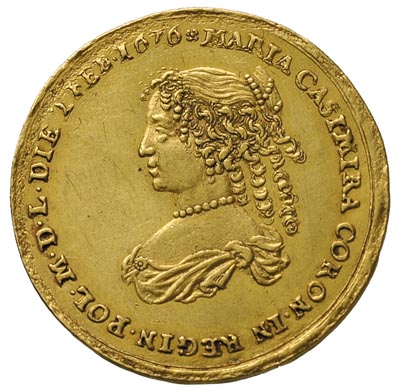 medal z okazji koronacji Marii Kazimiery w 1676 r, Aw: Popiersie królowej w lewo i napis MARIA CASIMIRA CORON IN REGIN POL M D L DIE 2 FEB 1676, Rw: Diana na rydwanie, w otoku napis FULGORIS SOCIAM VOCAT IN CONSORTIA REGI, Racz. 203, H.Cz. 10383 R3, złoto 5.09 g, rzadki i bardzo ładnie zachowany