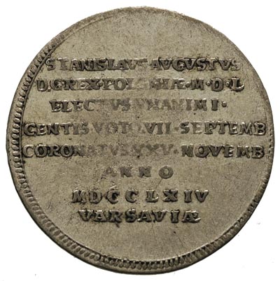 żeton koronacyjny 1764 r, Aw: Korona królewska i napis HANC IVSSIT FORTVNA MERERI, Rw: Napis poziomy, Racz. 488, H-Cz. 3030, srebro 5.52 g