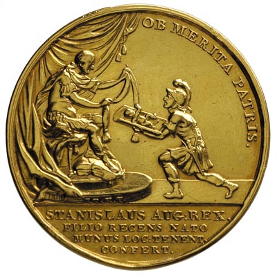 medal autorstwa J.F. Holzhaeussera 1781 r, wybity ku czci A.F.Bruehla z usuniętym napisem na rewersie i nowym napisem wygrawerowanym, Aw: Król w stroju antycznym okrywa niemowlę podane przez żołnierza, napisy u góry i na dole w odcinku, Rw: Wygrawerowany poziomy napis w wielu wierszach