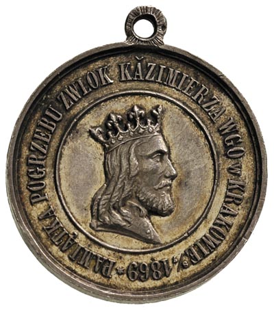 medalik z uchem na 300-lecie Unii Lubelskiej 1869 r, Aw: Herb trójpolowy pod koroną, w otoku napis