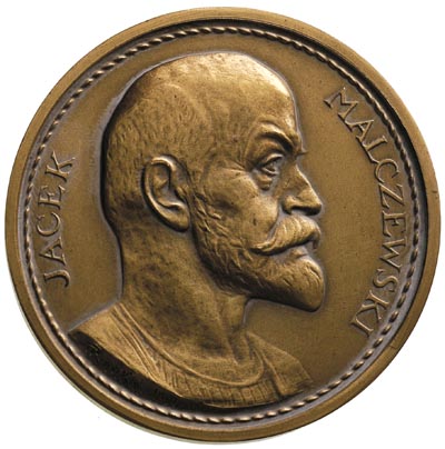 Jacek Malczewski - medal autorstwa J. Raszki 1924 r, Aw: Popiersie w prawo, napis w otoku i sygn. na ramieniu, Rw: Scena z obrazu artysty