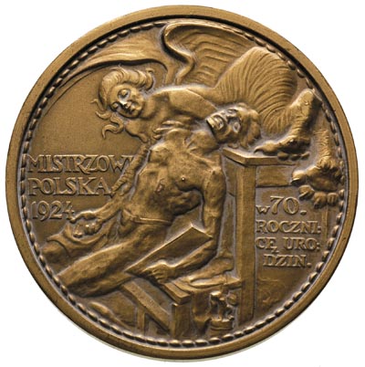 Jacek Malczewski - medal autorstwa J. Raszki 1924 r, Aw: Popiersie w prawo, napis w otoku i sygn. na ramieniu, Rw: Scena z obrazu artysty