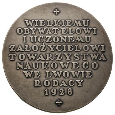 Oswald Balzer - medal autorstwa P. Wojtowicza i R. Mękickiego 1928 r, Aw: Popiersie w lewo i napis w otoku OSWALD BALZER, poniżej sygn. i data, Rw: Napis poziomy WIELKIEMU OBYWATELOWI I UCZONEMU ZAŁOŻYCIELOWI TOWARZYSTWA NAUKOWEGO WE LWOWIE RODACY 1928, Strzałkowski 617 R, srebro 60 mm, 115.4 g, na rancie punca Ag 0.900