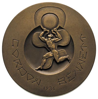Zawody Gordon-Bennetta w Warszawie - medal projektu St. Szukalskiego 1936 r, Aw: Stylizowana postać Ikara z uniesionymi ramionami, niżej w półkolu napis GORDON BENNETT  1936, Strzałkowski 794 RR, brąz 55 mm