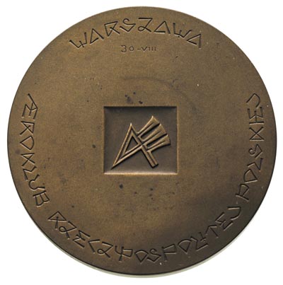 Zawody Gordon-Bennetta w Warszawie - medal projektu St. Szukalskiego 1936 r, Aw: Stylizowana postać Ikara z uniesionymi ramionami, niżej w półkolu napis GORDON BENNETT  1936, Strzałkowski 794 RR, brąz 55 mm