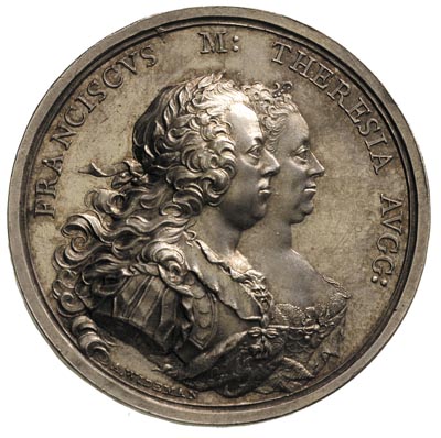 Franciszek i Maria Teresa 1745-1765, medal autorstwa A. Wiedeman’a na pokój w Ołomuńcu w 1758 r. po \Trzeciej Wojnie Śląskiej, Aw: Popiersia Marii Teresy i Franciszka w prawo