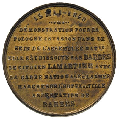medal pamiątkowy dla Rewolucjonistów Paryża wybity w 1848 r. dla wsparcia Polaków w czasie \Wiosny Ludów, Aw: Głowa kobiety w czapce frygijskiej na panopliach