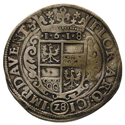 Deventer, Maciej 1612-1618, 28 stuberów (gulden) 1618, odmiana z datą pod koroną, 19.64 g, Delmonte 1107, patyna