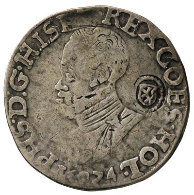 Holandia, półtalar Filipa II hiszpańskiego 1574 z kontrmarką Holandii (lewkiem w tarczy), Delmonte II/141.c, kontrmarki z herbem Holandii i Zelandii były nabijane na ówcześnie emitowanych monetach podczas wojny wyzwoleńczej tych prowincji spod panowania hiszpańskiego w latach 1573-1574, patyna