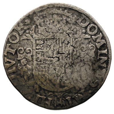 Holandia, półtalar Filipa II hiszpańskiego 1574 z kontrmarką Holandii (lewkiem w tarczy), Delmonte II/141.c, kontrmarki z herbem Holandii i Zelandii były nabijane na ówcześnie emitowanych monetach podczas wojny wyzwoleńczej tych prowincji spod panowania hiszpańskiego w latach 1573-1574, patyna