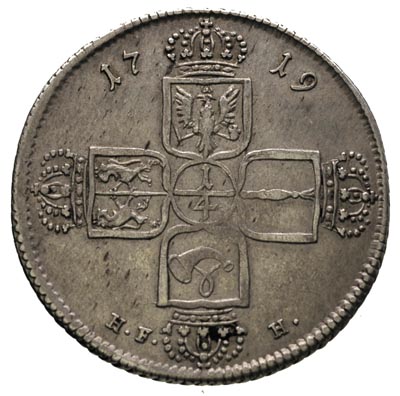Fryderyk Wilhelm I 1713-1740, 1/4 talara 1719, HF-H, Berlin, wybite dla księstwa Geldrii po pokoju utrechckim w 1713, srebro 7.11 g, Schrötter 551, bardzo rzadkie