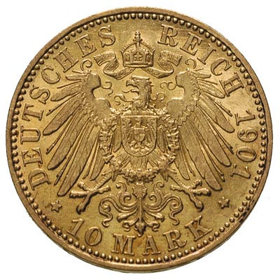 Meklenburgia-Schwerin, Fryderyk Franciszek IV 1897-1918, 10 marek 1901 / A, Berlin, złoto 3.97 g, J. 233, bardzo rzadkie, wybito 10.000 sztuk