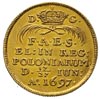 dukat koronacyjny 1697, Drezno, Aw: Król na koniu, Rw: Napisy, złoto 3.47 g, Merseb. 1389, Fr. 252..