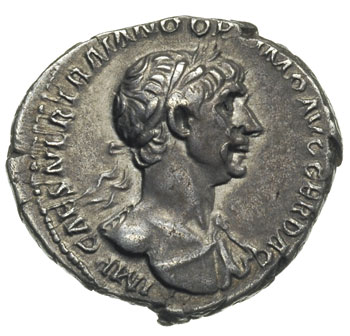 Trajan 98-117, denar 114-116, Rzym, Aw: Popiersie cesarza w prawo, Rw: Felicitas stojąca w lewo, trzymająca w dłoniach kaduceusz i róg obfitości, RIC 343, patyna