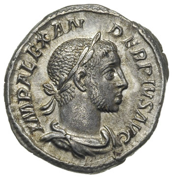 Aleksander Sewer 222-235, denar 232, Aw: Popiersie cesarza w prawo, Rw: Sol stojący na wprost z uniesioną prawą ręką, w lewej trzymający glob, RIC 112