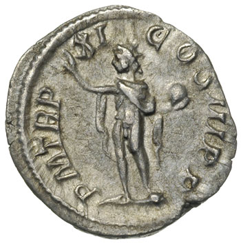 Aleksander Sewer 222-235, denar 232, Aw: Popiersie cesarza w prawo, Rw: Sol stojący na wprost z uniesioną prawą ręką, w lewej trzymający glob, RIC 112
