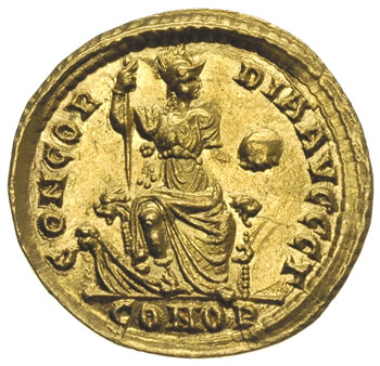 Walentynian II 375-392, solidus 378-383, Konstantynopol, oficyna Γ, Aw: Popiersie cesarza w rozetkowym diademie w prawo, Rw: Constantinopolis siedząca na tronie na wprost, trzymająca w rękach berło i glob, złoto 4.42 g, RIC 46d (R), pięknie zachowany egzemplarz, rzadki